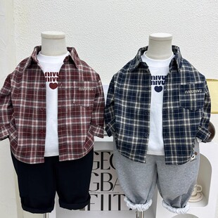 男童春装长袖衬衫2025新款儿童洋气时髦格子薄款衬衣男孩春秋上衣