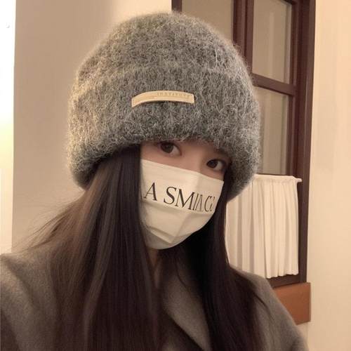 兔毛针织帽女秋冬2025新款大头围保暖加厚毛线帽子显脸小灰色冷帽
