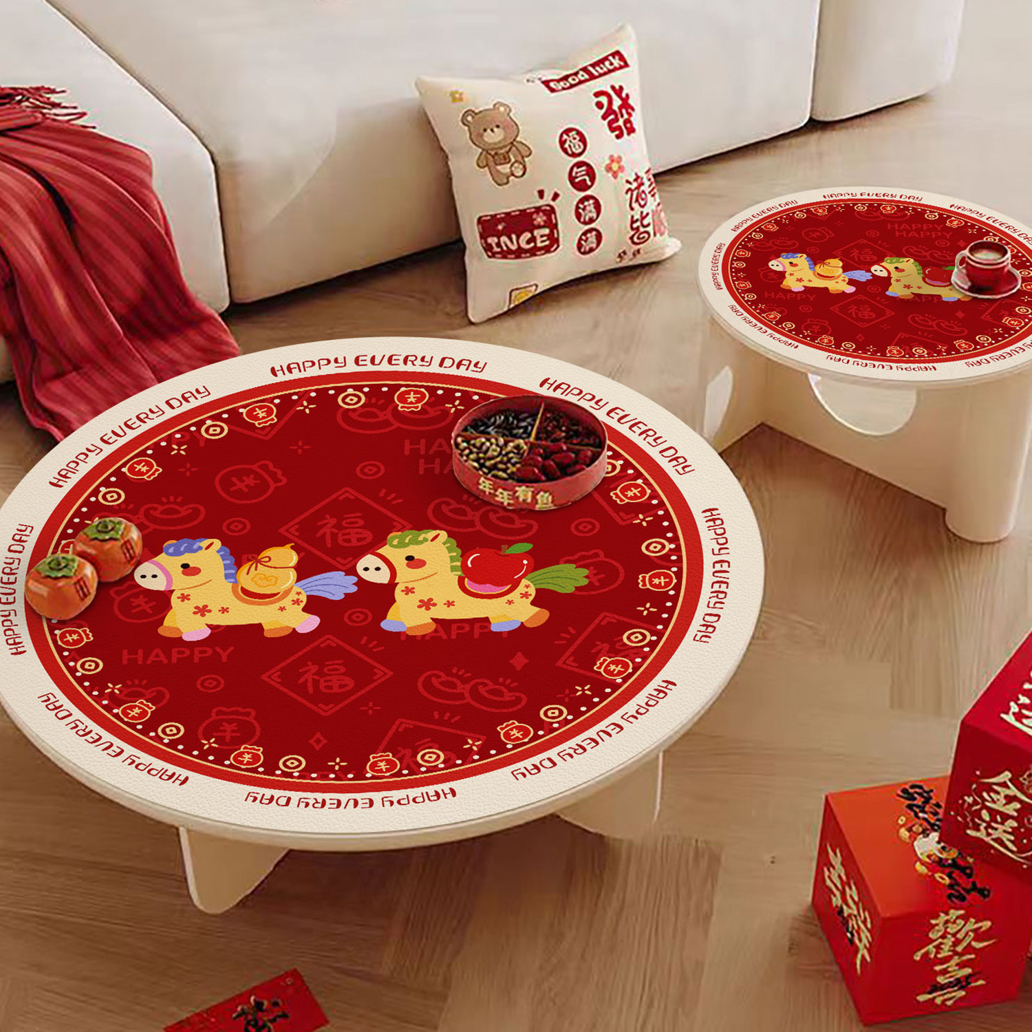 卡通可爱马年圆形桌垫防水PVC餐桌垫新年春节红色喜庆新年氛围垫,居家布艺,桌布,淘宝优惠券,粉丝福利购,淘宝优惠卷