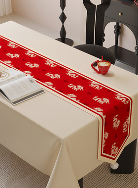 龙年系列高品质天鹅绒三角桌旗白绒球红色氛围中式桌布电视柜布