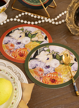 法式油画小圆皮革餐垫轻奢高颜值防水防油免洗硅胶桌面隔热垫杯垫