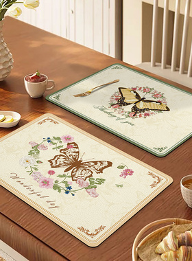 法式复古奶油色蝴蝶餐垫防水防油免洗好打理皮革隔热碗杯垫西餐垫