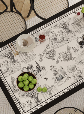 黑白素描法式轻奢桌垫桌布皮革防水防油免洗茶几垫布定制圆桌垫布