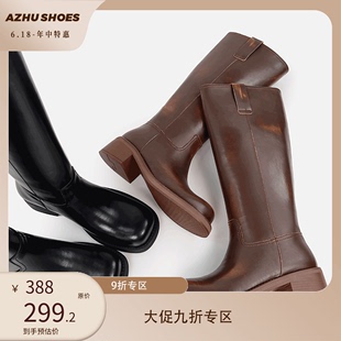 骑士靴女圆头粗跟长靴中跟高筒显瘦靴子女长筒靴 AZHU SHOES夏季