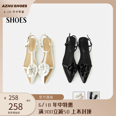 AZHU SHOES手工花朵半包头尖头凉鞋女粗跟平底低跟绝美鞋子配裙子