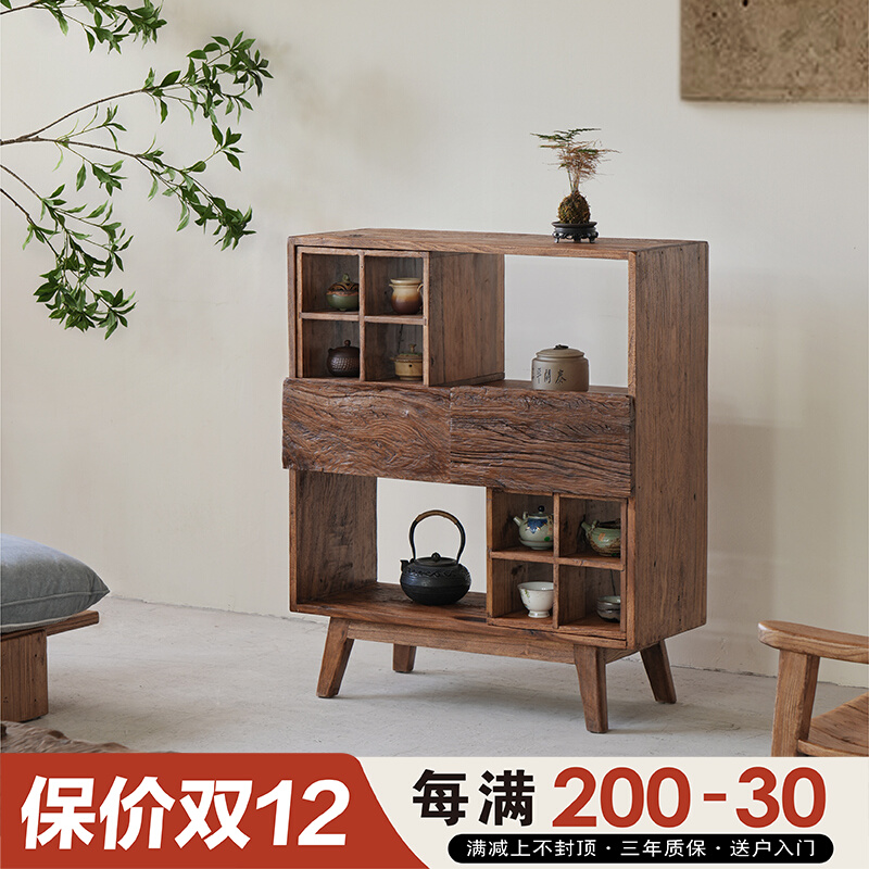 侘寂风实木边柜老门板茶杯架博古展示架置M物架餐柜民宿茶室家俱
