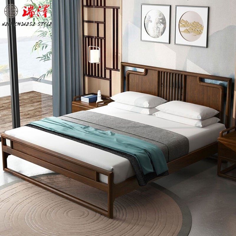 全实木床1.8米老榆木双人主卧婚床1.5M1.2单人新中式酒店瑞泽家具_虎窝淘