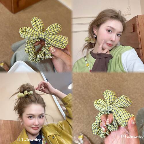 优依家 款式好看可爱 流行黄色格子 海绵蝴蝶结发圈 少女马尾头花