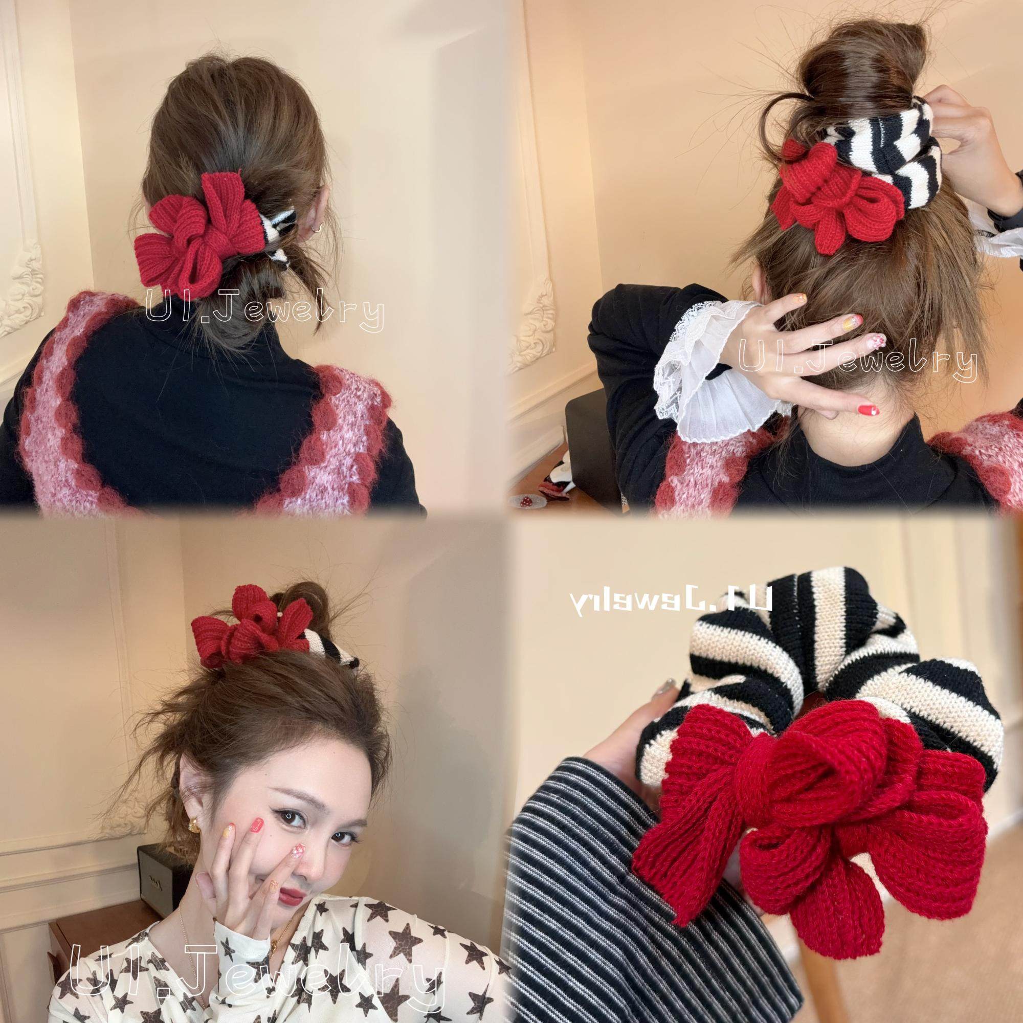 优依家 拍照好看且实用 红色毛线蝴蝶结发圈经典黑白条纹马尾头花,饰品/流行首饰/时尚饰品新,发饰,淘宝优惠券,粉丝福利购,淘宝优惠卷