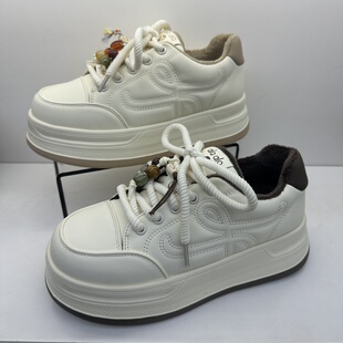 女加绒保暖休闲小白鞋 茵茵家2025秋冬新款 真皮轻便底面包洋气板鞋