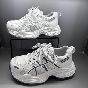 茵茵家2026韩版真皮学生圆头网面松糕底老爹鞋女外穿旅游慢跑鞋潮