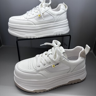 茵茵家2026春秋新款欧洲站真皮网面圆头厚底小白鞋女透气轻便板鞋