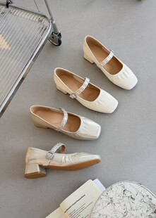 茵茵家2026春秋季新款韩版简约方头浅口单鞋女粗跟一字带玛丽珍鞋