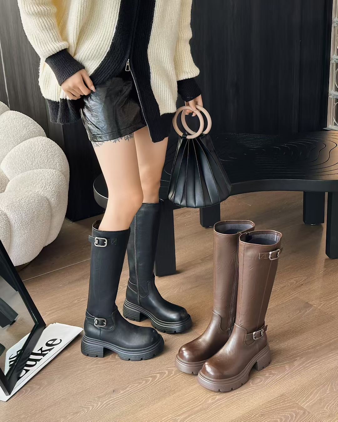 茵茵家欧洲站粗跟厚底加绒长筒靴女2025秋冬季新款轻便增高骑士靴