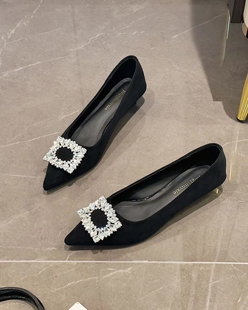 茵茵家女秋细跟性感水钻气质单鞋2024新款职业黑色尖头浅口工作鞋