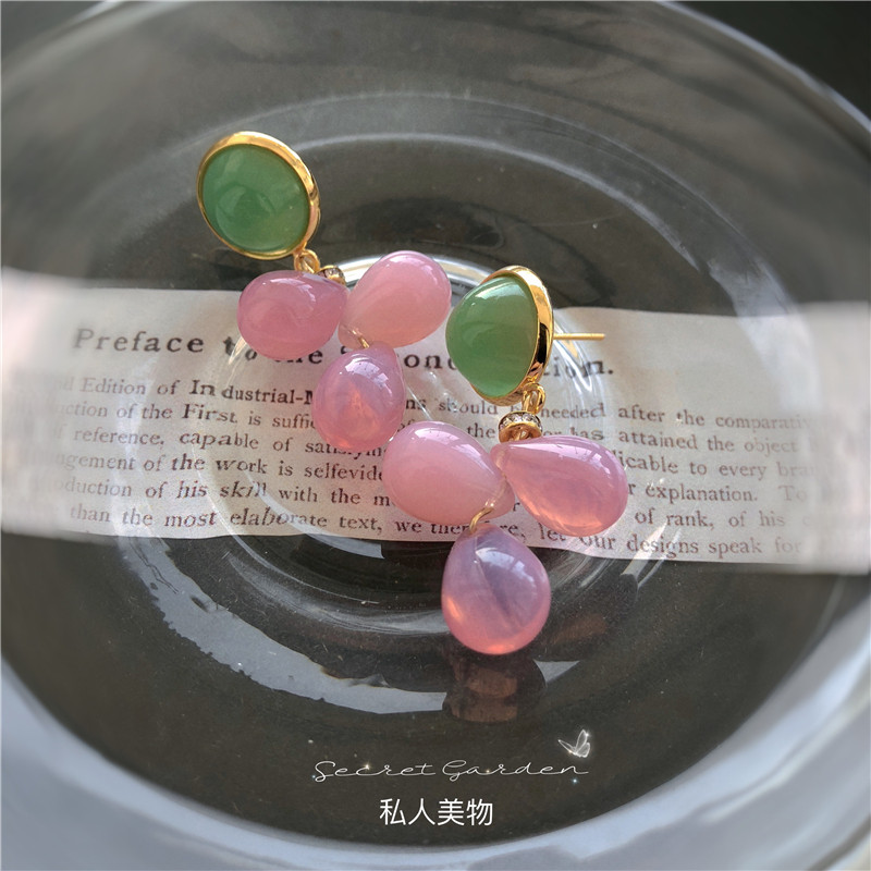 超甜奶粉色提子糖果色手工琉璃串珠超仙气质925耳钉无痛无洞耳夹