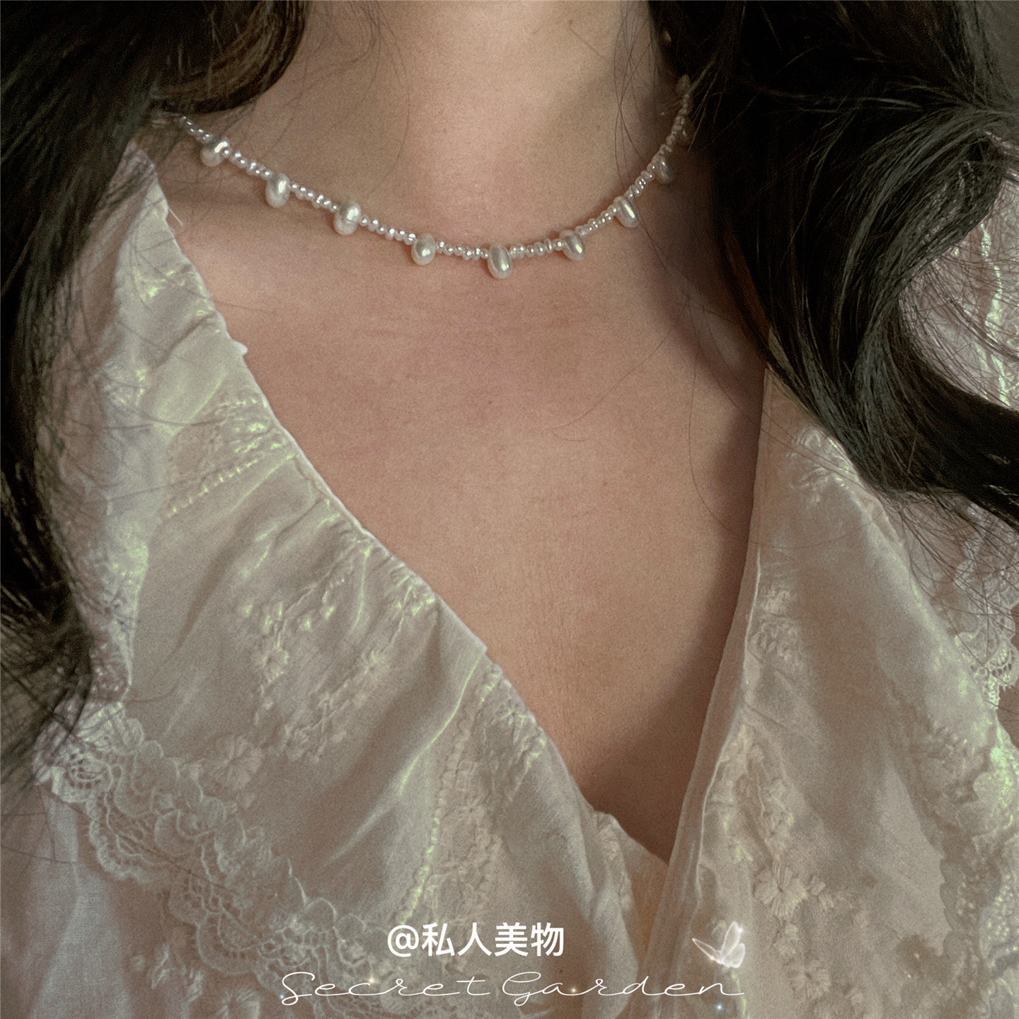 私人美物复古极光珍珠项链手链套装大小珍珠编织锁骨链百百合同款