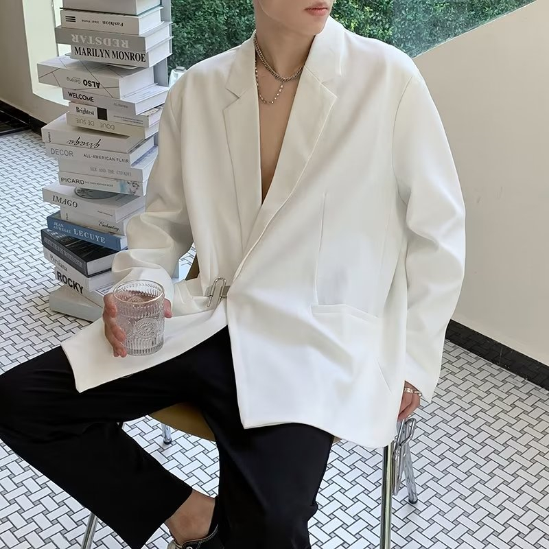 休闲西装外套男春秋季轻熟风小众设计感潮牌痞帅男士白色西服上衣