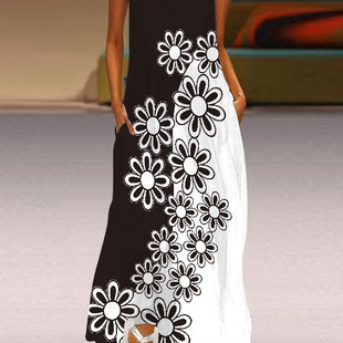 时尚新款春夏遮肉爆款民族风黑白色花朵加长印花夏天女装长款