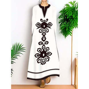 欧美装 波西米亚印花连衣裙V领长袖 度假风中长款