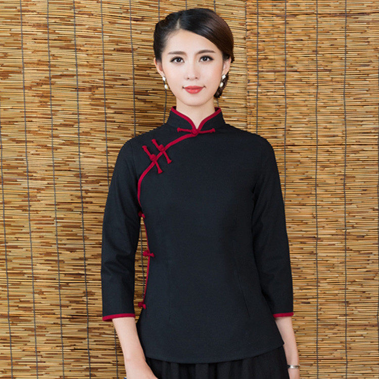 新款唐装女士夏款中式民族风女装改良短袖七分袖棉麻旗袍上衣