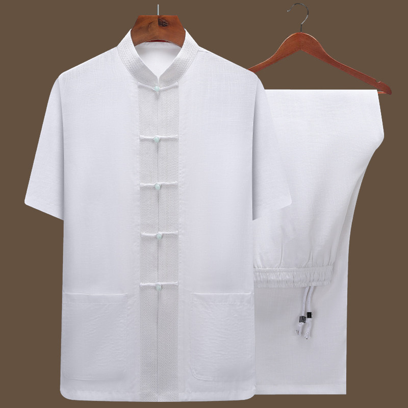 唐装男夏季短袖中老年爷爷薄款立领衬衫老人衣服爸爸棉麻休闲套装