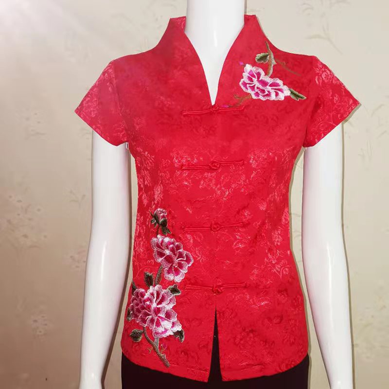 2023夏季中式女/婚宴红色婚庆新娘妈妈装礼服唐装短袖上衣工作服