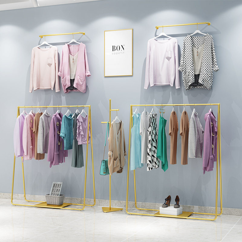 服装店北欧室内落地挂衣架展示架女装店挂衣架落地立式侧挂衣架子