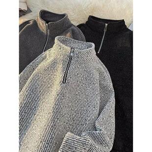 春季白色半拉链宽松卫衣男雪尼尔立领长袖t恤cleanfit内搭打底衫