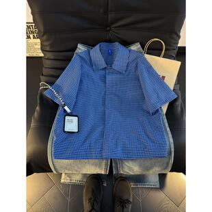 miu系格纹短袖衬衫男美式高级感高智痞帅男男宽松抽绳t恤休闲衬衣
