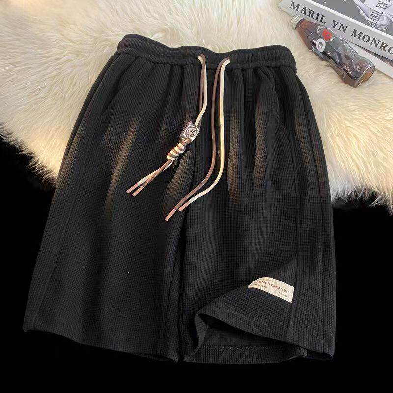 华夫格短裤男夏季新款学院风青少年宽松休闲裤学生时尚贴标五分裤