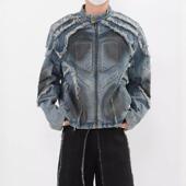 黑色毛边流苏短款 潮牌立领垫肩机车夹克 牛仔外套男高级感痞帅美式