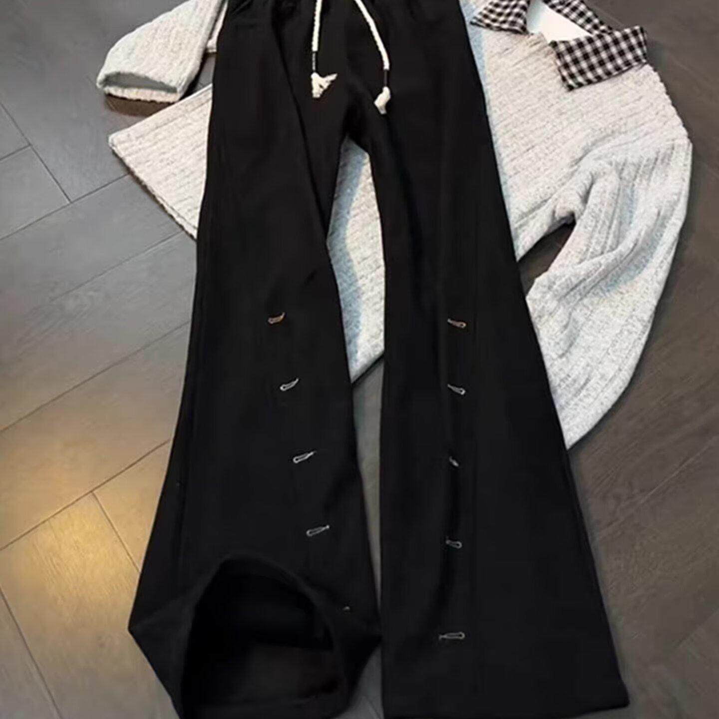 韩版黑色刺绣松弛风裤子男款春季运动百搭显瘦健身直筒休闲微喇裤