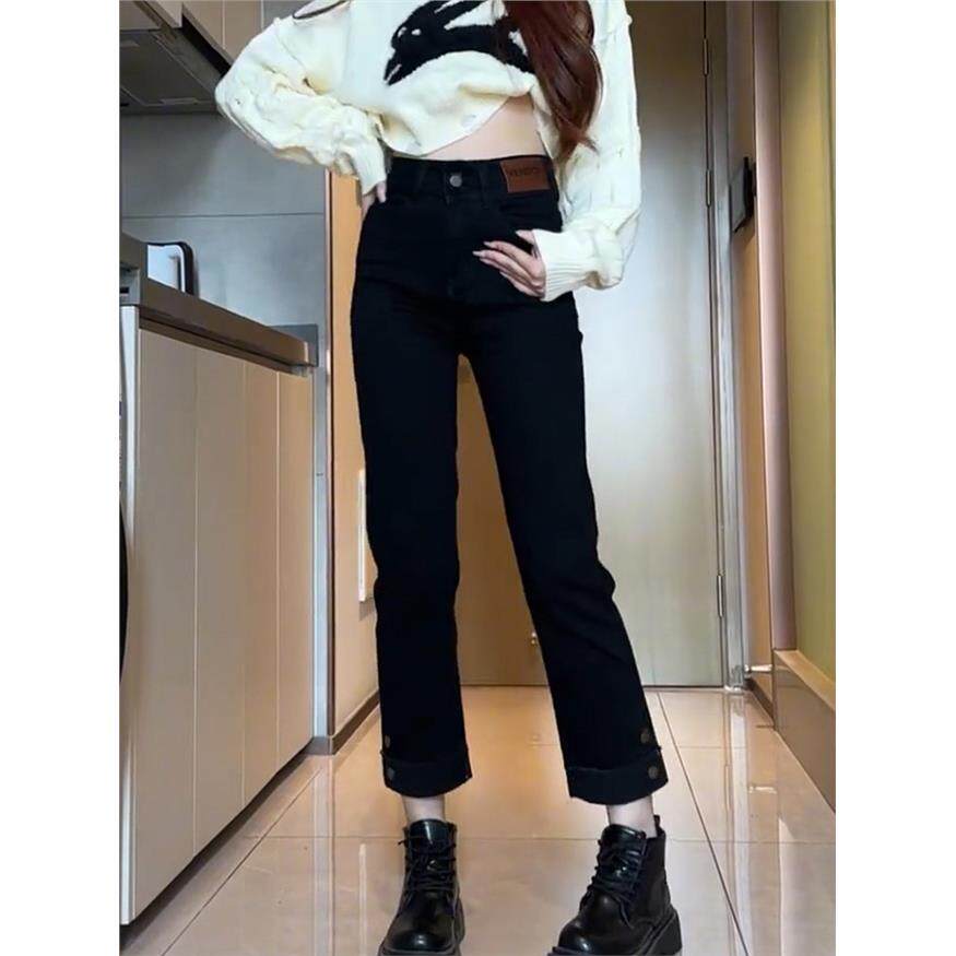 黑色高腰弹力烟管牛仔裤女春秋大码宽松显瘦小个子九分直筒法棍裤