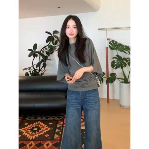 韩系慵懒风灰色圆领蝙蝠袖t恤女早秋松弛感收腰显瘦百搭通勤上衣