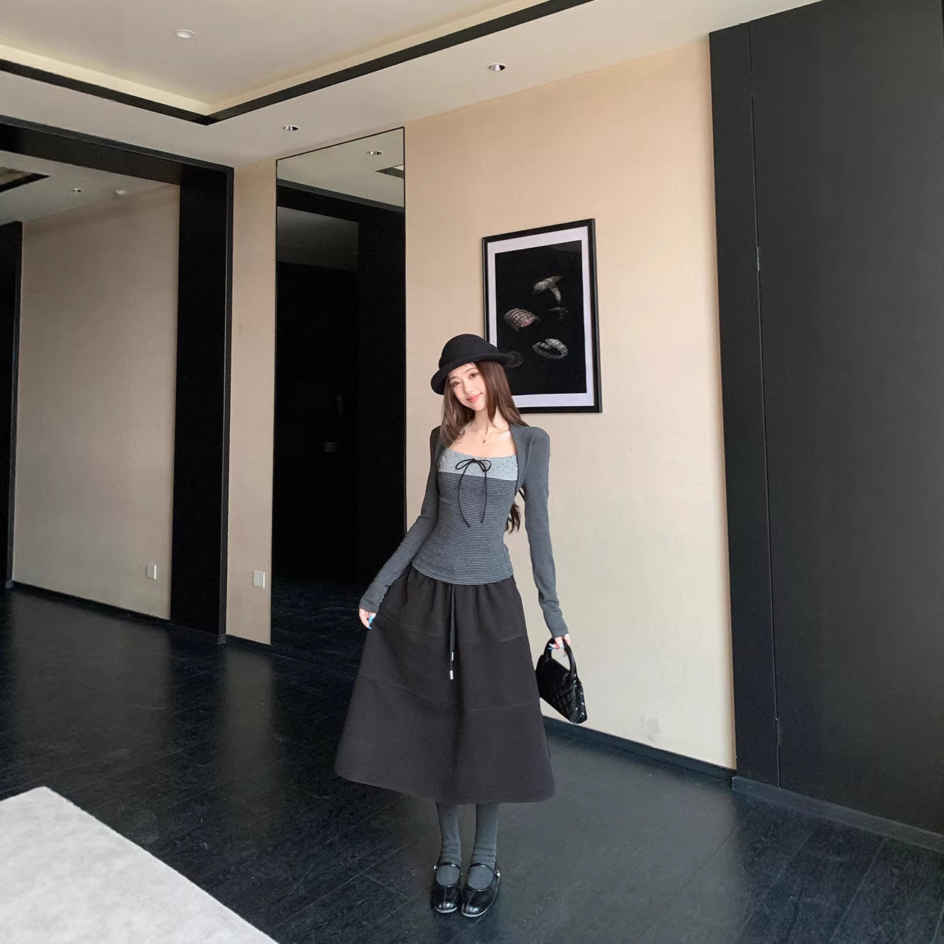 人棉磨毛韩系条纹拼接假两件T恤女冬季黑色毛呢半身裙中裙两件套