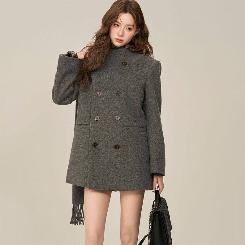 2025冬季韩系气质设计感围巾领双排扣中长款毛呢外套女小个子大衣,女装/女士精品,大码呢大衣,淘宝优惠券,粉丝福利购,淘宝优惠卷