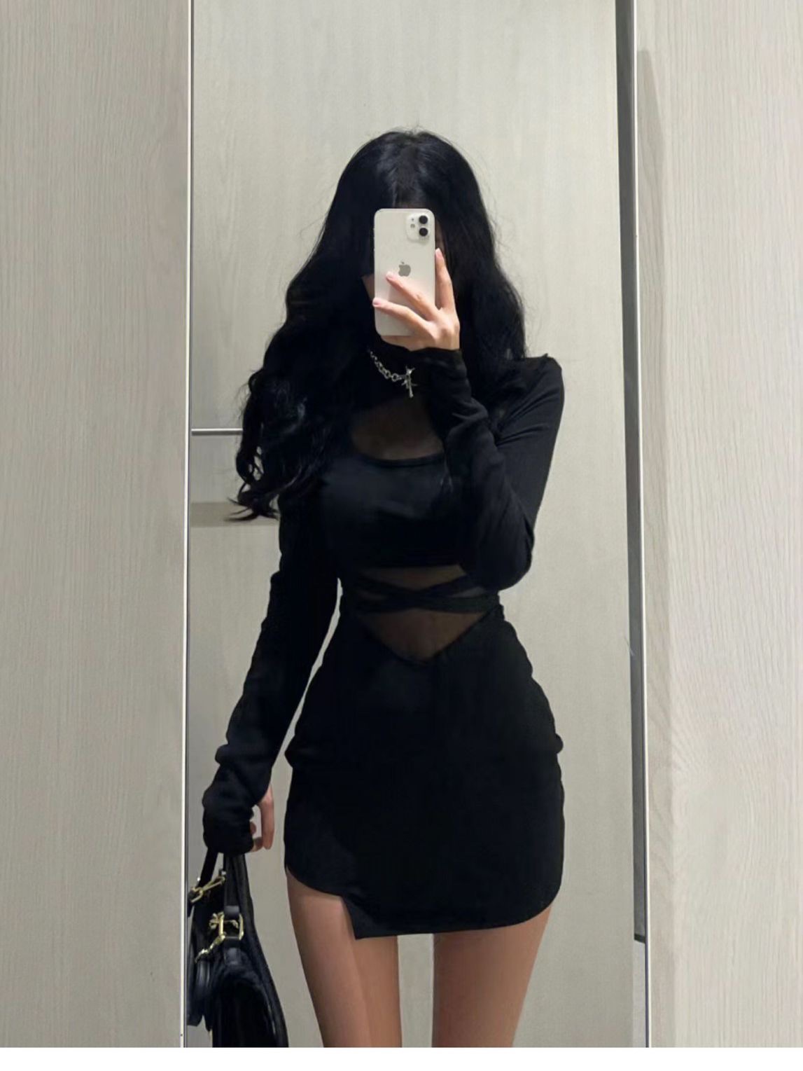 安卡妮秋季2023新款女装御姐风黑色长袖连衣裙女收腰显瘦包臀裙子