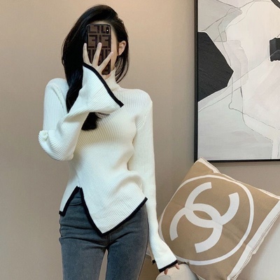 安卡妮  高领毛衣女秋冬季高级设计感小众修身撞色针织打底衫上衣