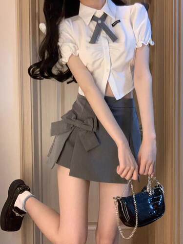 安卡妮  短袖衬衫上衣女夏季裙蝴蝶结开叉a字短裙半身裙jk两件套