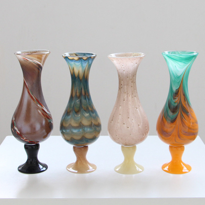 创意高脚复古玻璃磁粉花瓶水养花器文艺插花瓶轻奢高级感客厅装饰