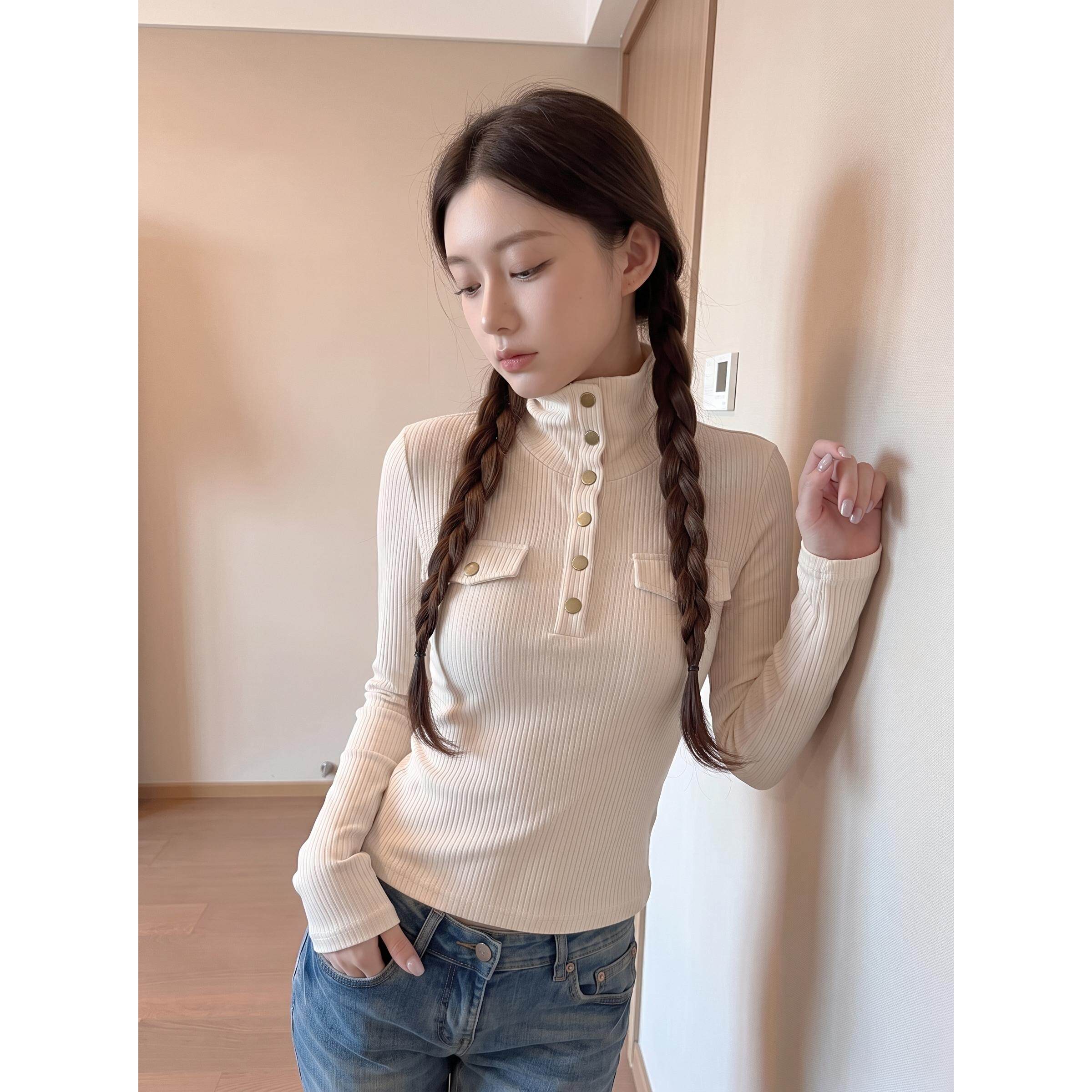 立领假口袋打底衫女秋冬季设计感独特修身正肩长袖上衣