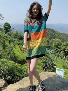 撞色拼接针织裙2025夏季新款中长款过膝港风复古chic时尚连衣裙女