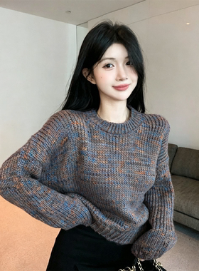 复古彩纱圆领宽松慵懒毛衣女秋冬软糯弹力套头短款上衣