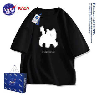 潮流百搭衣 新款 NASA联名像素猫短袖 t恤圆领上衣男女情侣少年夏季