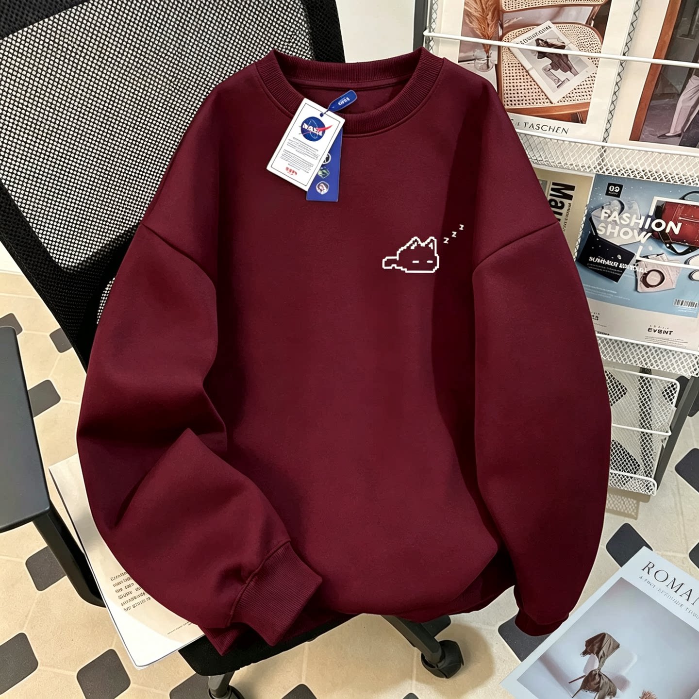 NASA卡通困困小猫圆领卫衣印花男女宽松oversize加厚长袖上衣秋冬
