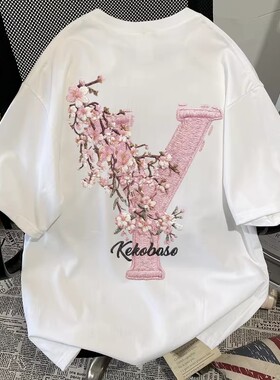 NASA联名设计感花卉印花短袖T恤男女宽松休闲白色圆领上衣情侣夏