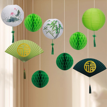 绿色中式纸扇花橱窗吊顶挂件国潮吊饰纸扇灯笼墙面装饰中国风道具