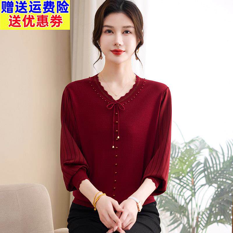 2026春款妈妈装V领桑蚕丝舒适透气系带钉珠拼接装饰中老年女装