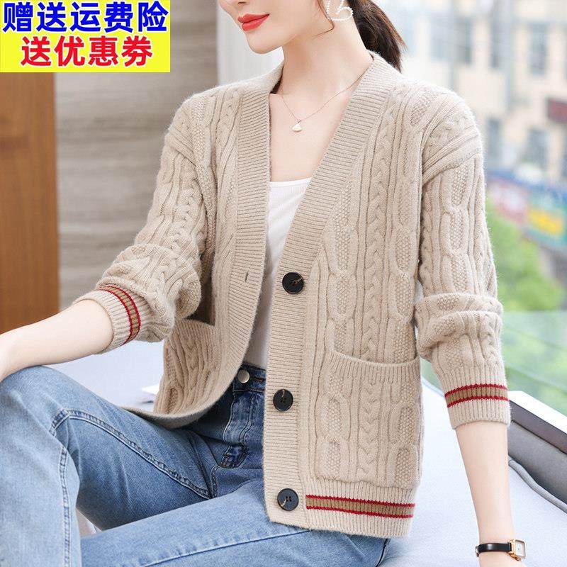 100%纯春秋新款短款羊毛针织开衫女宽松外搭洋气加厚妈妈毛衣外套,女装/女士精品,毛针织衫,淘宝优惠券,粉丝福利购,淘宝优惠卷